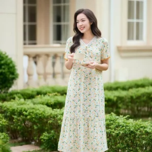 Đầm lanh dáng A đuôi cá họa tiết hoa nhí