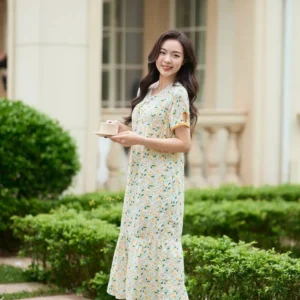 Đầm lanh dáng A đuôi cá họa tiết hoa nhí