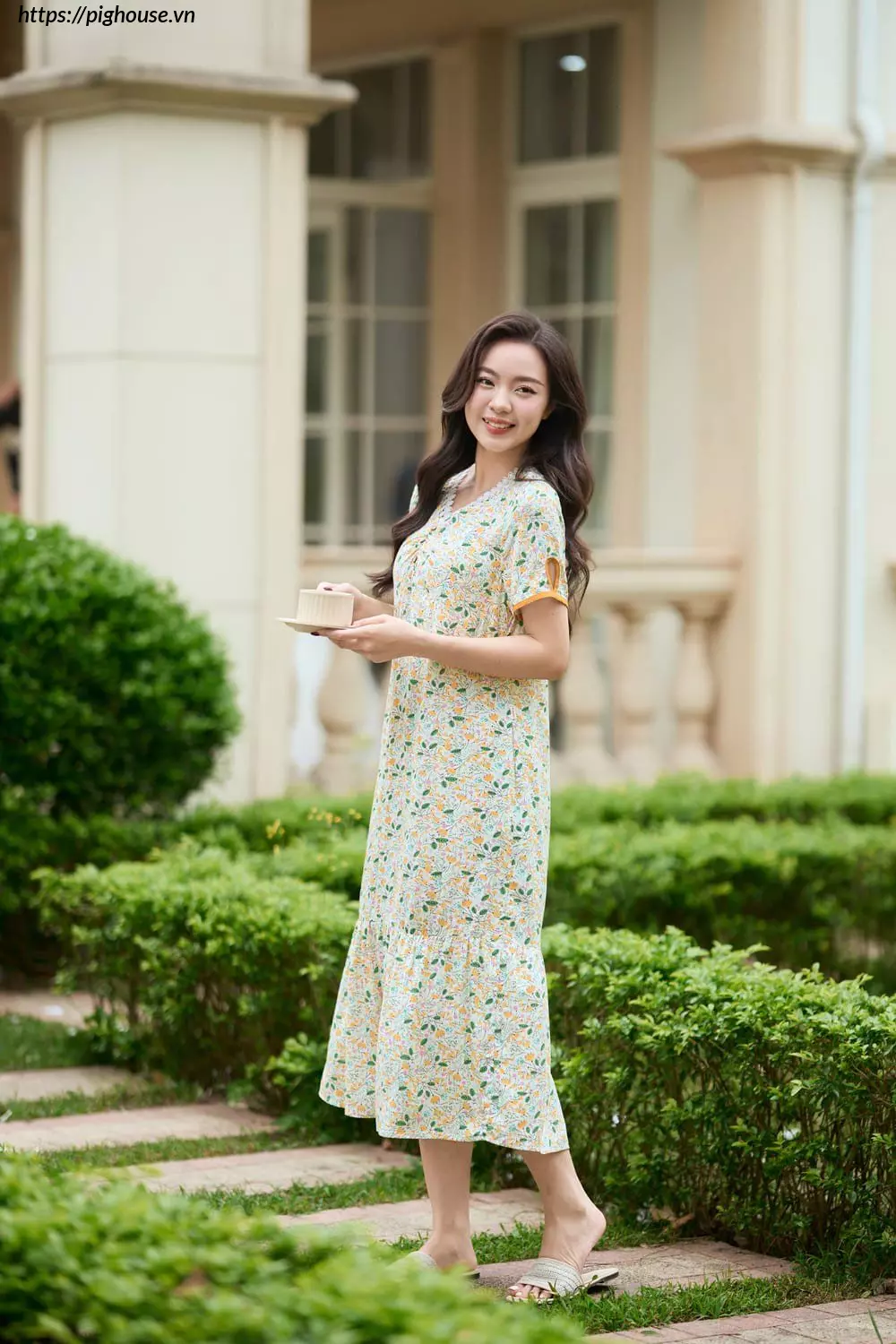 Đầm lanh dáng A đuôi cá họa tiết hoa nhí