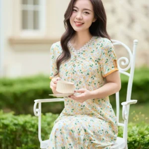 Đầm lanh dáng A đuôi cá họa tiết hoa nhí