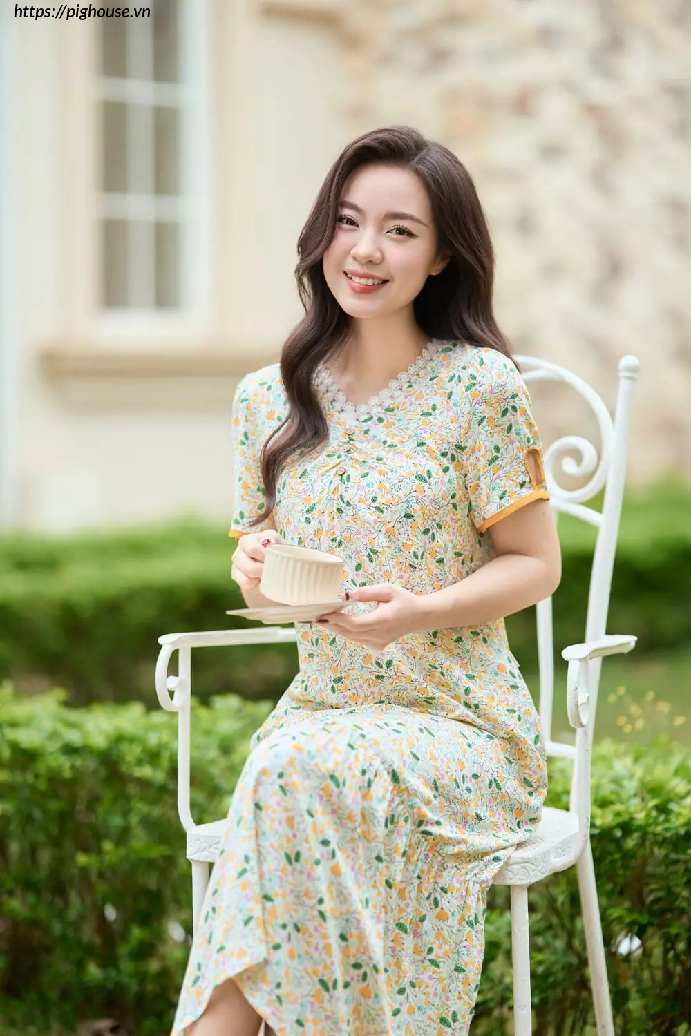 Đầm lanh dáng A đuôi cá họa tiết hoa nhí