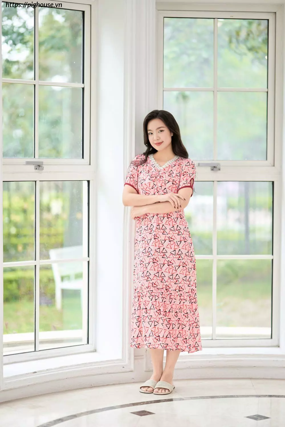 Đầm lanh dáng A đuôi cá họa tiết hoa nhí