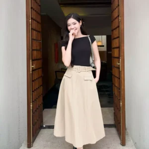 Chân váy midi chữ A kèm đai rời Cardina