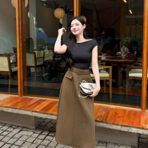 Chân váy midi chữ A kèm đai rời Cardina