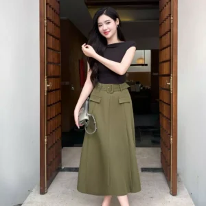 Chân váy midi chữ A kèm đai rời Cardina