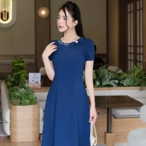 Đầm Xoè Đũi Hàn Đô Xanh Nhãn