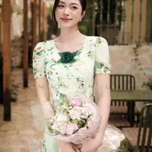 Đầm Hoa Ciani Xanh Rêu Nhã Nhặn Tôn Da