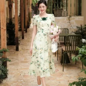 Đầm Hoa Ciani Xanh Rêu Nhã Nhặn Tôn Da