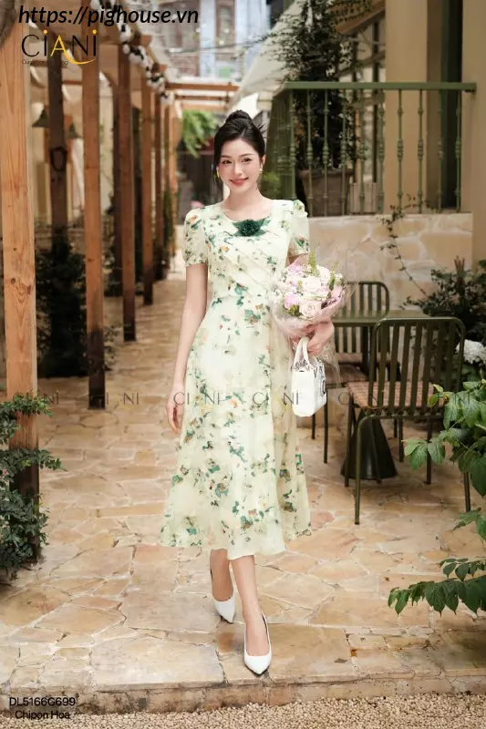 Đầm Hoa Ciani Xanh Rêu Nhã Nhặn Tôn Da