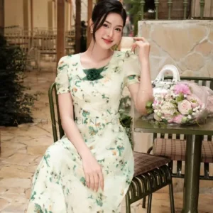 Đầm Hoa Ciani Xanh Rêu Nhã Nhặn Tôn Da