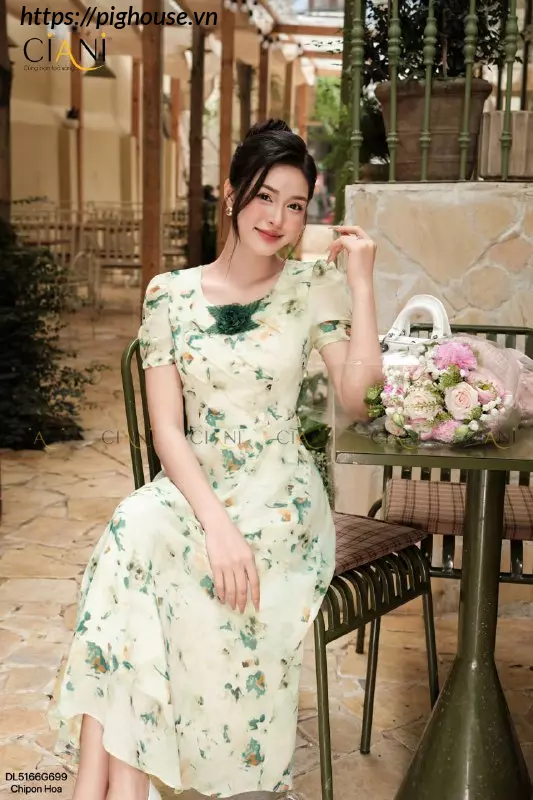 Đầm Hoa Ciani Xanh Rêu Nhã Nhặn Tôn Da