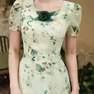 Đầm Hoa Ciani Xanh Rêu Nhã Nhặn Tôn Da