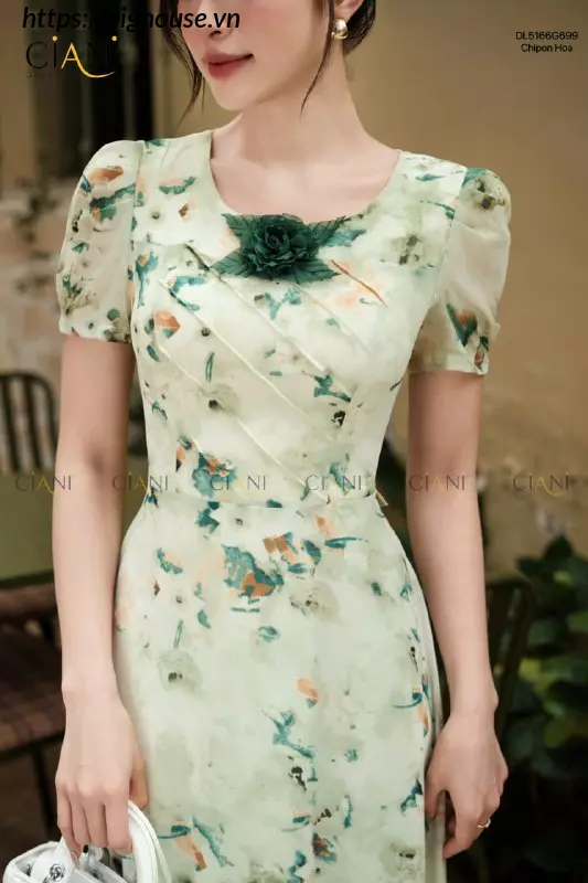 Đầm Hoa Ciani Xanh Rêu Nhã Nhặn Tôn Da