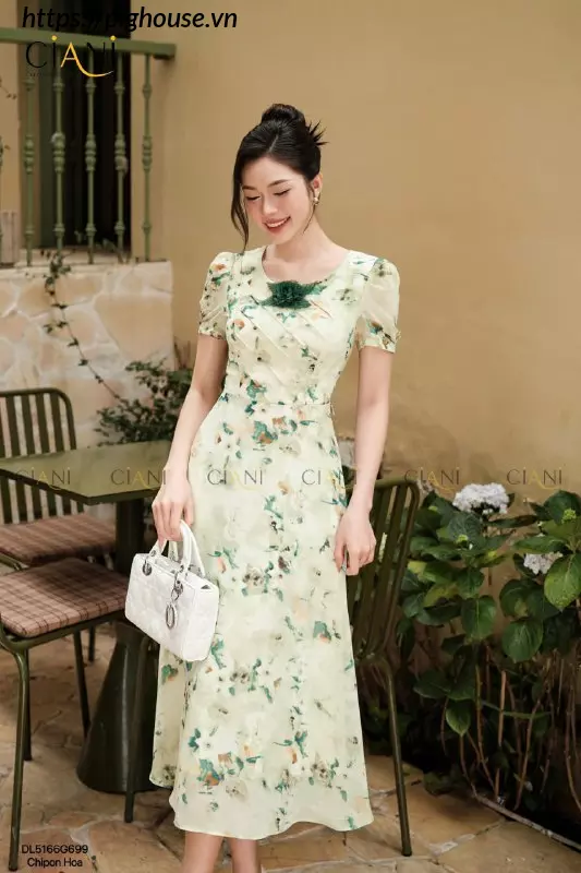 Đầm Hoa Ciani Xanh Rêu Nhã Nhặn Tôn Da