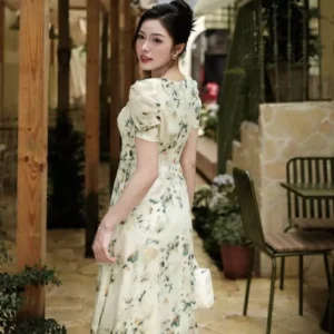 Đầm Hoa Ciani Xanh Rêu Nhã Nhặn Tôn Da