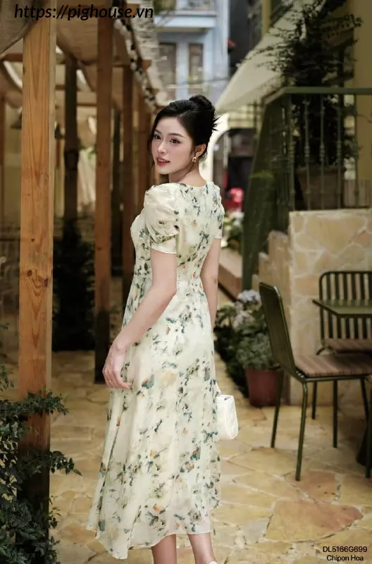 Đầm Hoa Ciani Xanh Rêu Nhã Nhặn Tôn Da