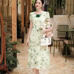 Đầm Hoa Ciani Xanh Rêu Nhã Nhặn Tôn Da