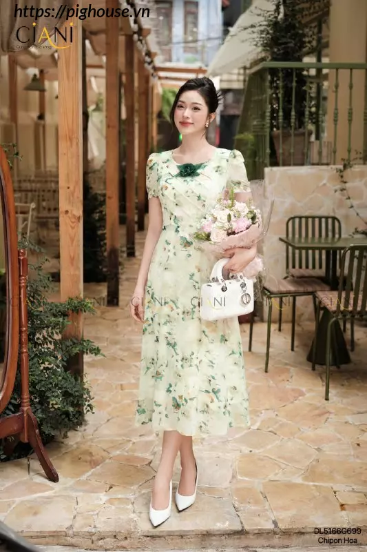 Đầm Hoa Ciani Xanh Rêu Nhã Nhặn Tôn Da