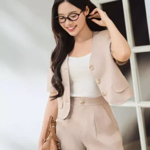 Áo Kí Giả Nữ Dáng Ngắn Cổ Tim Bầu