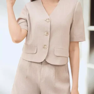 Áo Kí Giả Nữ Dáng Ngắn Cổ Tim Bầu