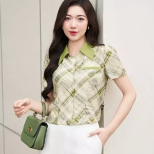 Áo Sơ Mi Croptop Kẻ Cổ Đức Thanh Lịch