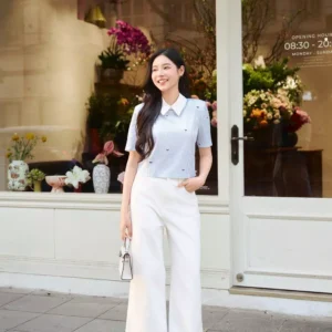 Croptop sơ mi kẻ nơ xinh xắn