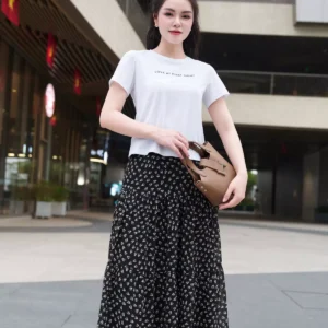 Chân váy voan midi dáng A 3 tầng có túi