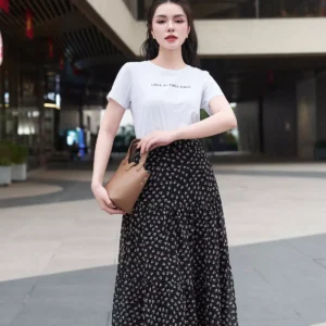 Chân váy voan midi dáng A 3 tầng có túi