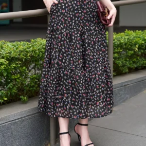 Chân váy voan midi dáng A 3 tầng có túi