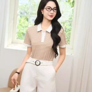 Áo Polo Nữ Cotton Kẻ Phối Ren Cardina