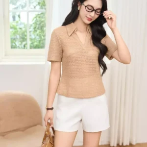 Áo Polo Nữ Ren Cotton Cổ V Khóa Lệ Sau