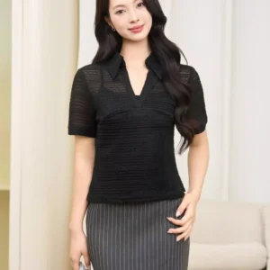 Áo Polo Nữ Ren Cotton Cổ V Khóa Lệ Sau