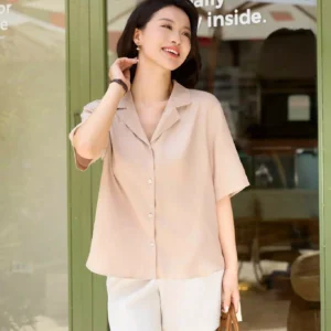 Áo sơ mi đũi tơ Cardina dáng suông cổ ve