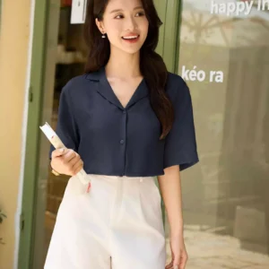 Áo sơ mi đũi tơ Cardina dáng suông cổ ve