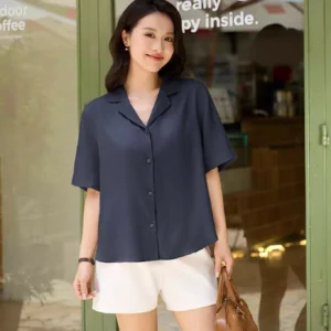 Áo sơ mi đũi tơ Cardina dáng suông cổ ve