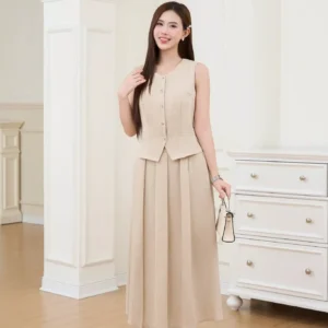 Set Đũi Gile Chân Váy Midi Xếp Ly