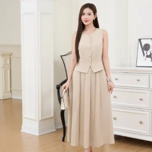 Set Đũi Gile Chân Váy Midi Xếp Ly