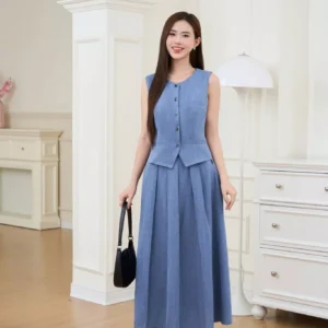 Set Đũi Gile Chân Váy Midi Xếp Ly