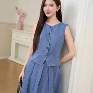 Set Đũi Gile Chân Váy Midi Xếp Ly