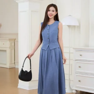 Set Đũi Gile Chân Váy Midi Xếp Ly