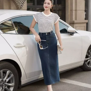 Chân váy jeans dáng A dài trẻ trung