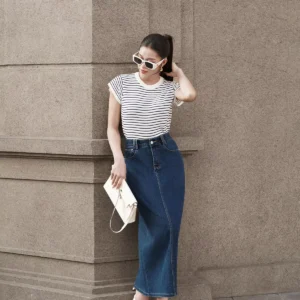 Chân váy jeans dáng A dài trẻ trung