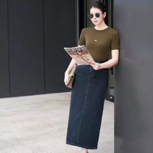 Chân váy jeans dáng A dài trẻ trung